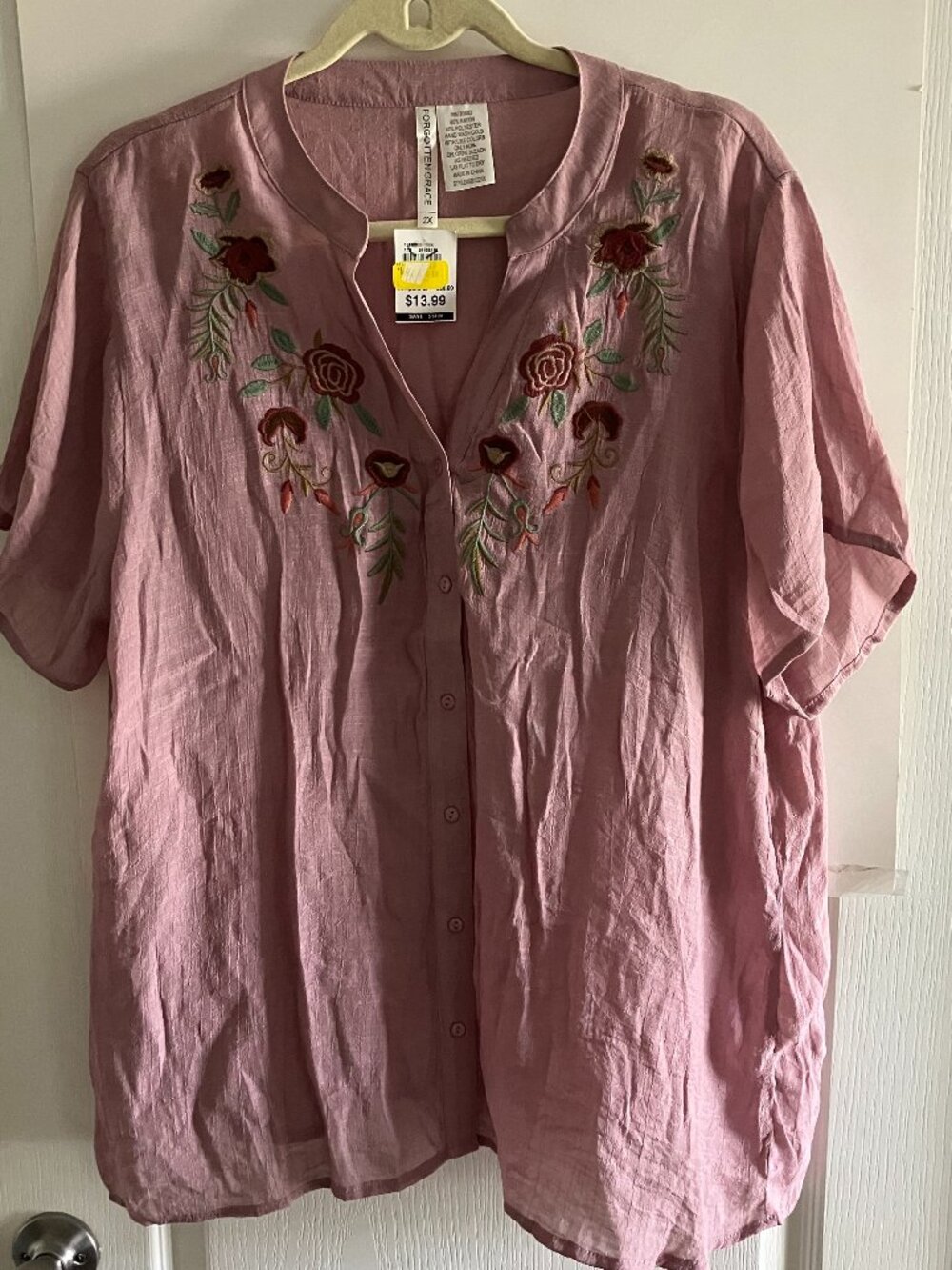 Forgotten Grace Pink Rayon Short Sleeve Top Embroidered Size 2X.
